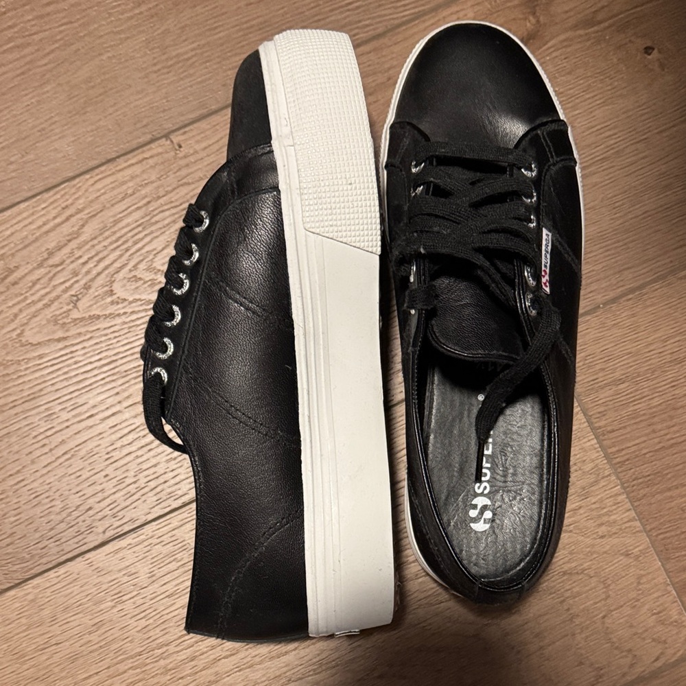 Superga Black Leather Sneakers with White Soles